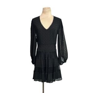 Bardot Mae black lace Swiss dot long sleeves tiered mini dress size 6